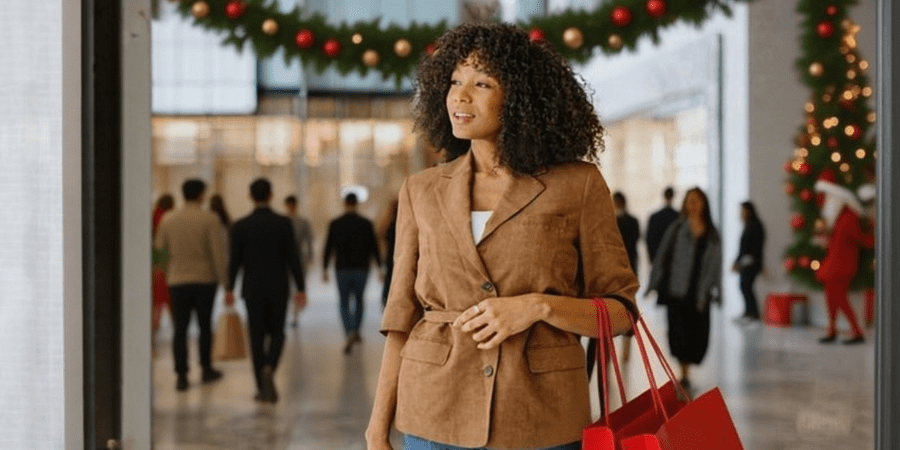 A woman holding a gift bag in a mall.