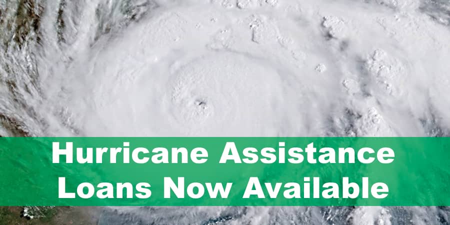 A top view of a hurricane with the words across the bottom: Hurricane assistance loans now available