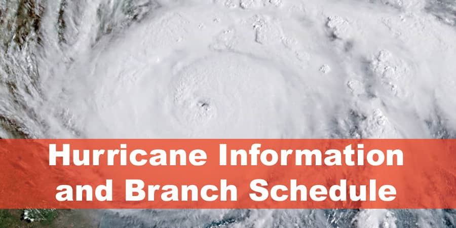 A top view of a hurricane with the words across the bottom: Hurricane information and branch schedule