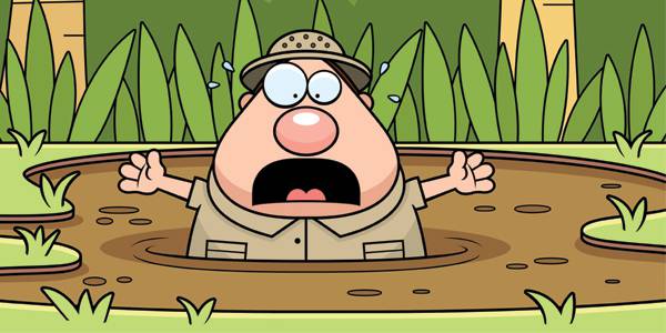 Illustration of a safari guide chest deep in a mud pool.