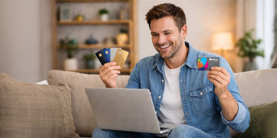 A smiling man sitting on a couch, holding the EdFed credit card and other credit cards while looking at a laptop.