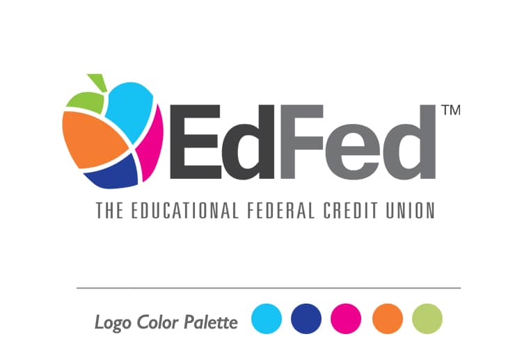 The EdFed logo displaying the new color palette of: orange grove, caribbean blue, marlin blue, keylime green and pink flamingo.