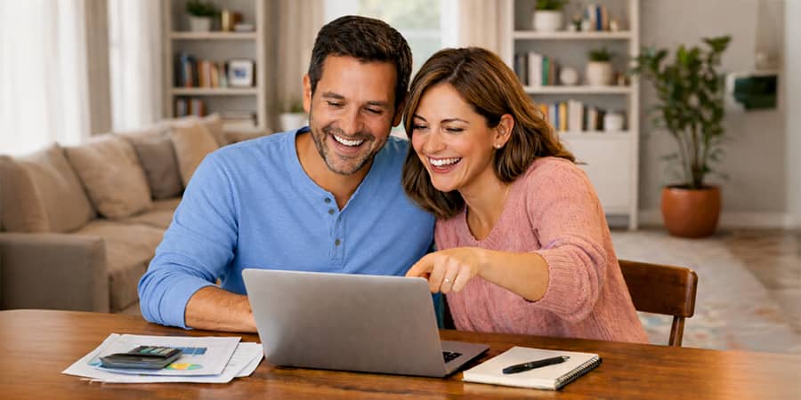 A young couple sitting together looking at a laptop.