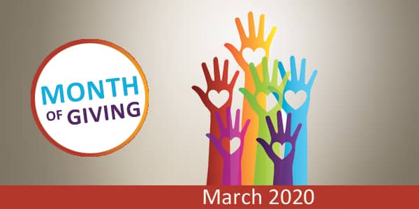 An illustration of colorful outreached hands with hearts in their palms and to their left, the words: Month of Giving.