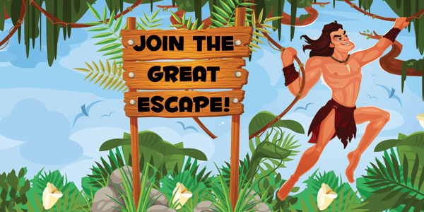 An illustration of Tarzan swinging from tree to tree and a wooden sign in the center reading: Join The Great Escape!