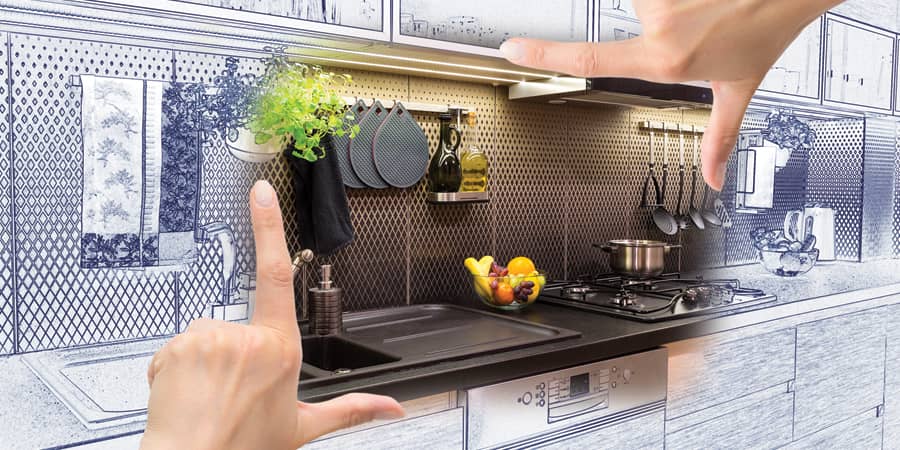 An illustration of an old kitchen with the center in focus showing a modern, upgraded portion of the kitchen.
