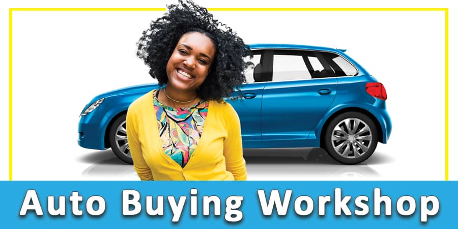 A young woman with a big smile standing in front of a brand new blue crossover vehicle. Across the bottom, the words: Auto Buying Workshop.