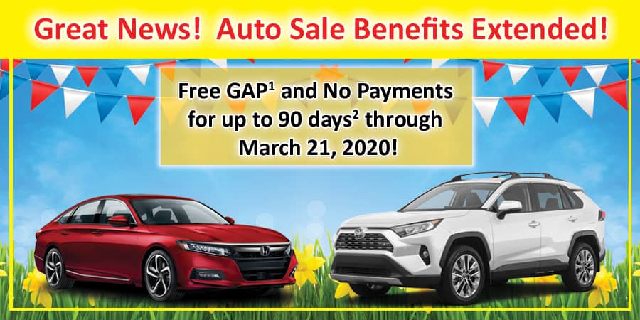 An illustration of a red honda accord and a white honda suv parked in a field of sun flowers under a ribbon of party triangle flags. At the top, a banner reads: Great news! Auto sale benefits extended!