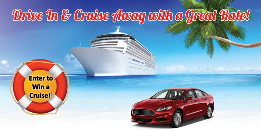 A red sedan parked on a beach with a cruise ship in the background. Across the top, the words: Drive in & cruise away with a great rate!
