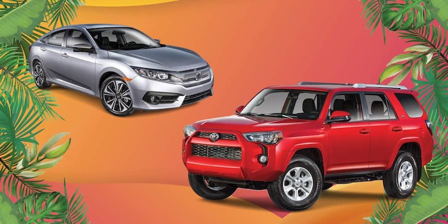 A silver sedan and a red SUV parked diagonally against a red gradient and with a border of leaves.