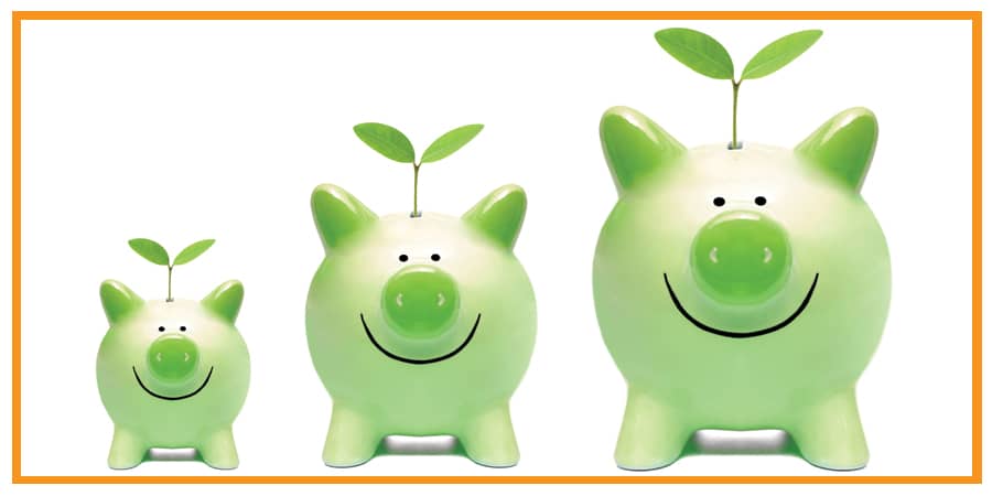 Three green piggy banks in a line each with a small tree growing out of their coin slot.