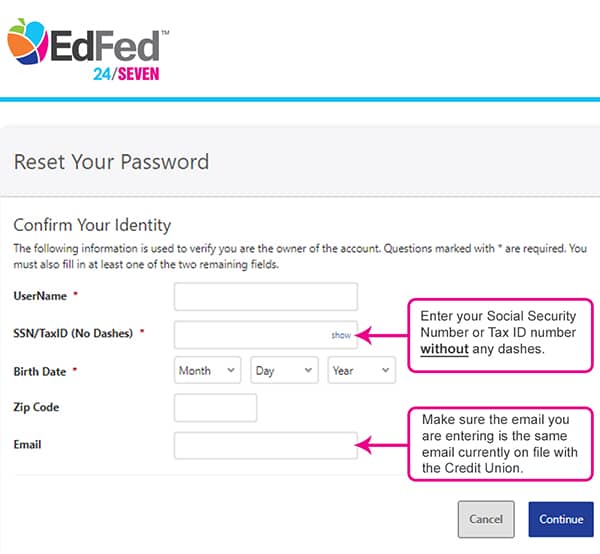 EdFed 24/SEVEN Reset Your Password screenshot