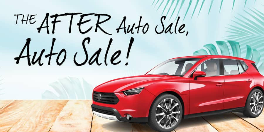 An illustration of a red sedan parked on a wooden surface. The background is decorated with palm trees. Above, the words: the after auto sale, auto sale!